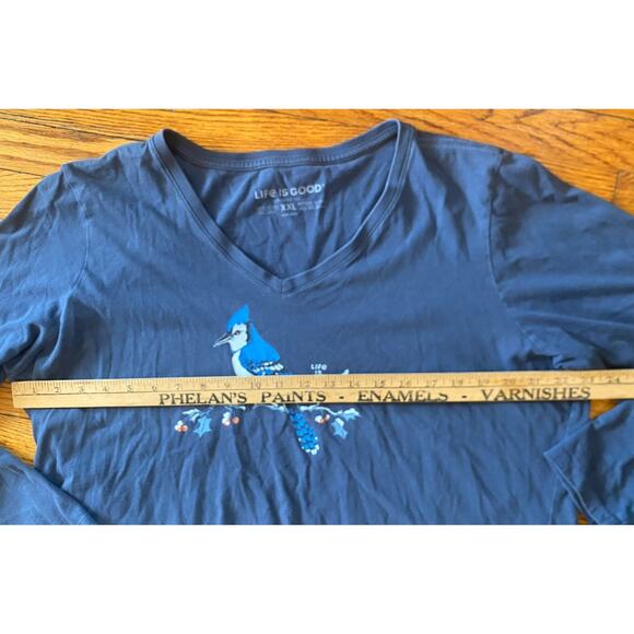 Life Is Good Crusher V Neck T Shirt Women’s XXL Blue Jay Bird on Branch Spring - Picture 4 of 7